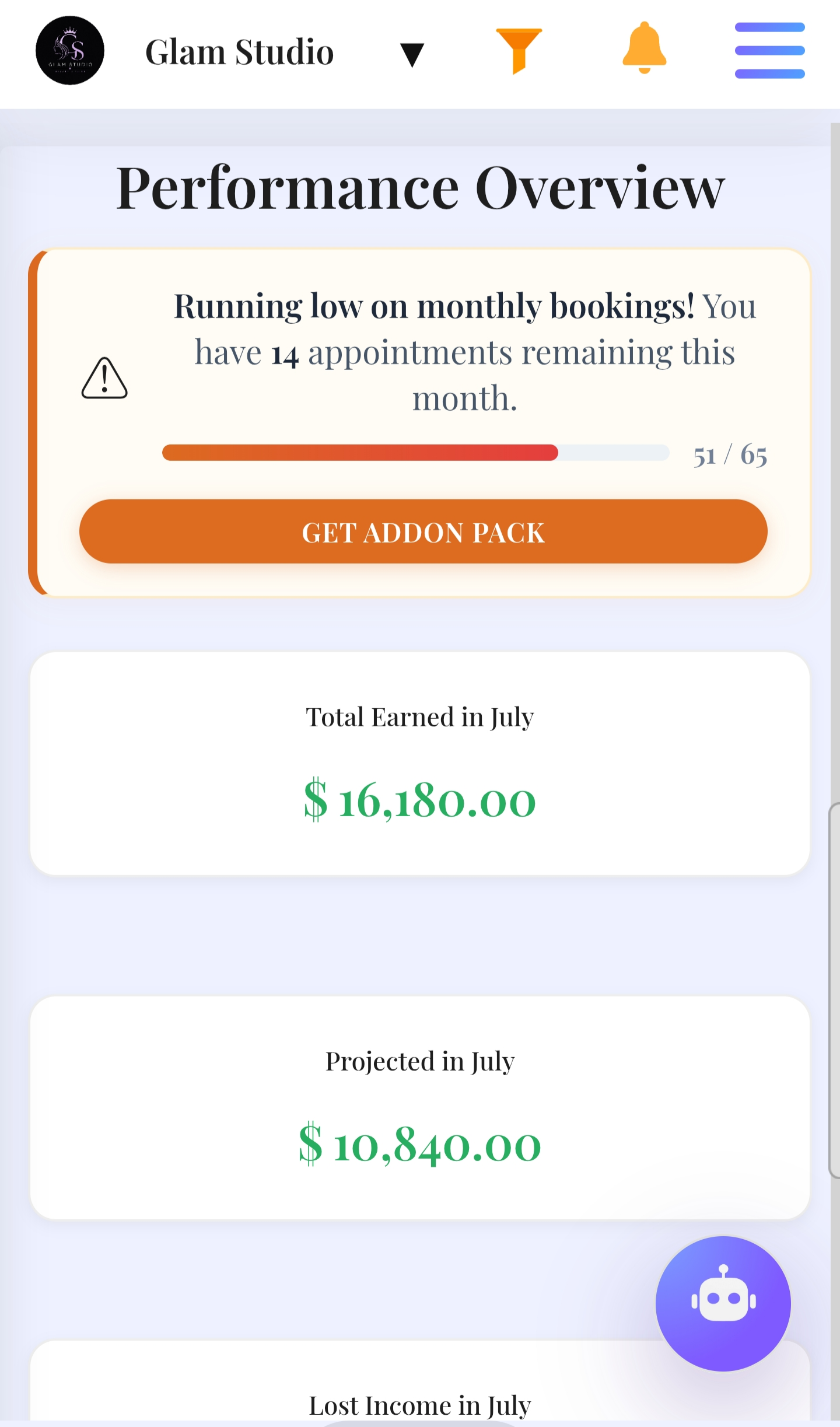 Avlyy dashboard on mobile showing bookings calendar and customer list